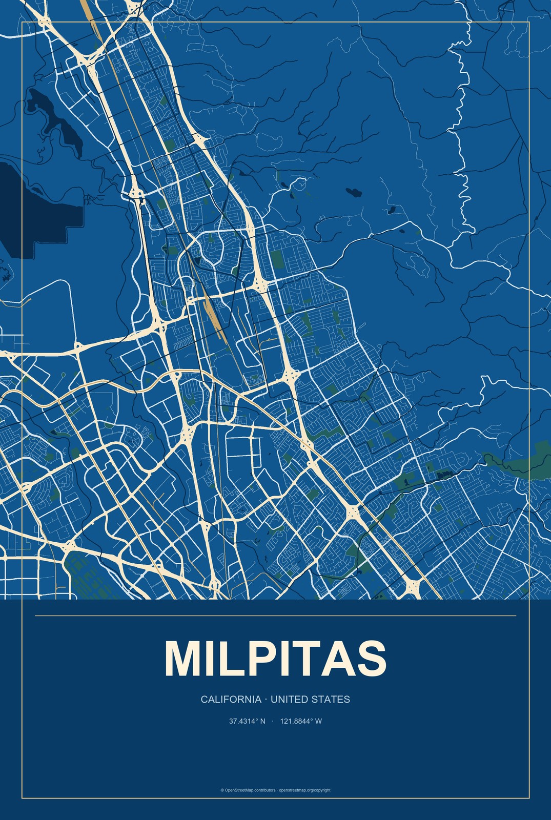 Milpitas, California City Map Aluminum Sign in Harbor Cobalt style