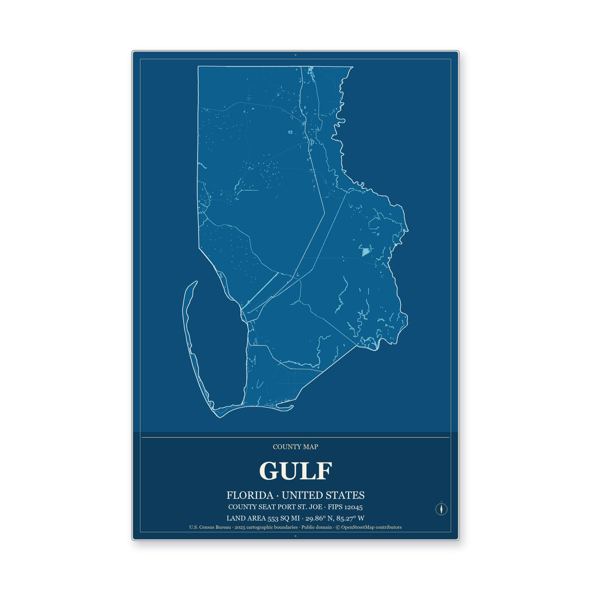 Gulf County, Florida Map Aluminum Sign in Harbor Cobalt style