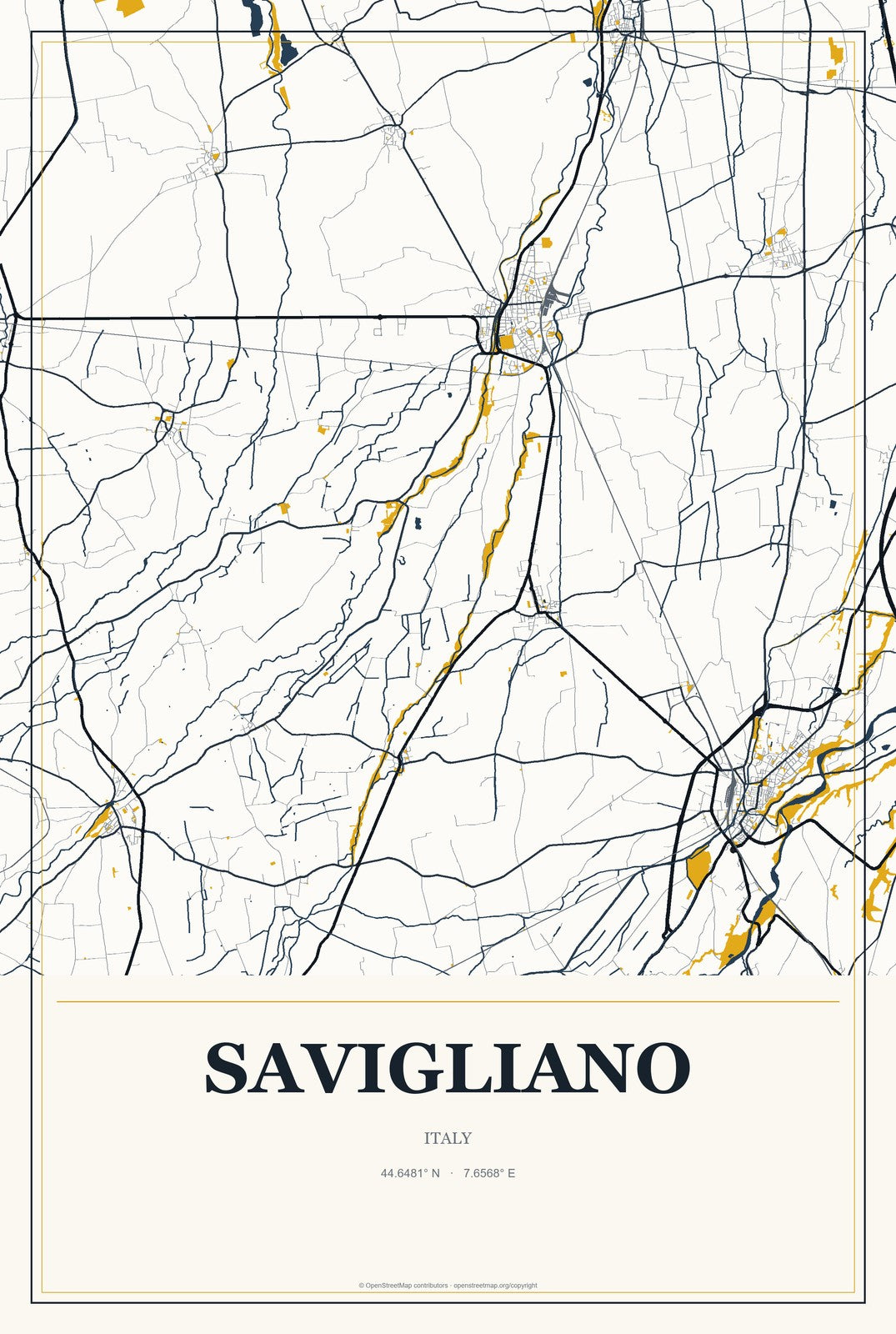 Savigliano, Italy City Map Aluminum Sign in Citrine Modern style