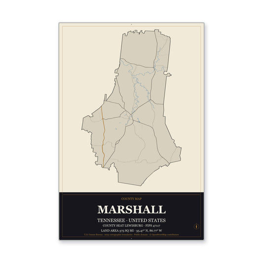 Marshall County, Tennessee Map Aluminum Sign in Museum Plaque style