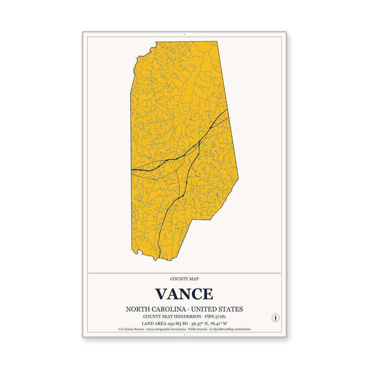 Vance County, North Carolina Map Aluminum Sign in Citrine Modern style