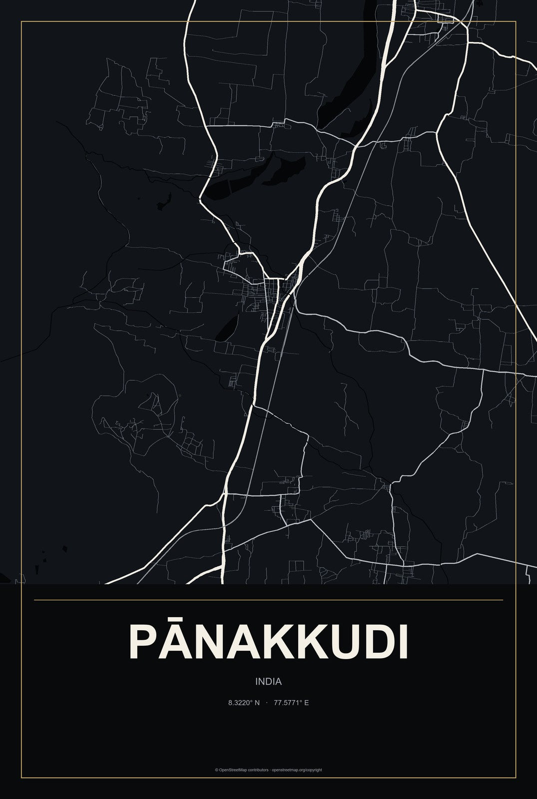 Pānakkudi, India City Map Aluminum Sign in Metropolitan Noir style
