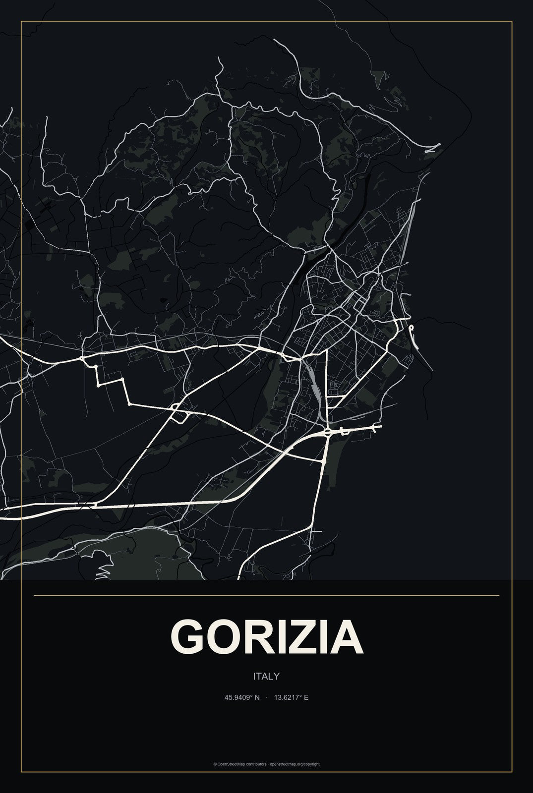 Gorizia, Italy City Map Aluminum Sign in Metropolitan Noir style