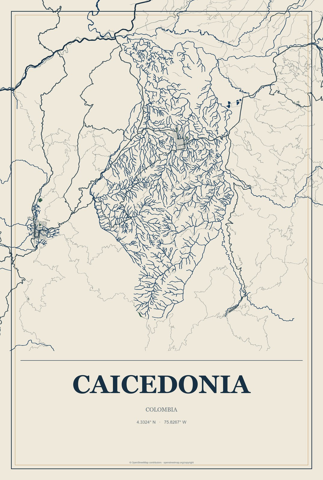 Caicedonia, Colombia City Map Aluminum Sign in Coastal Cutout style