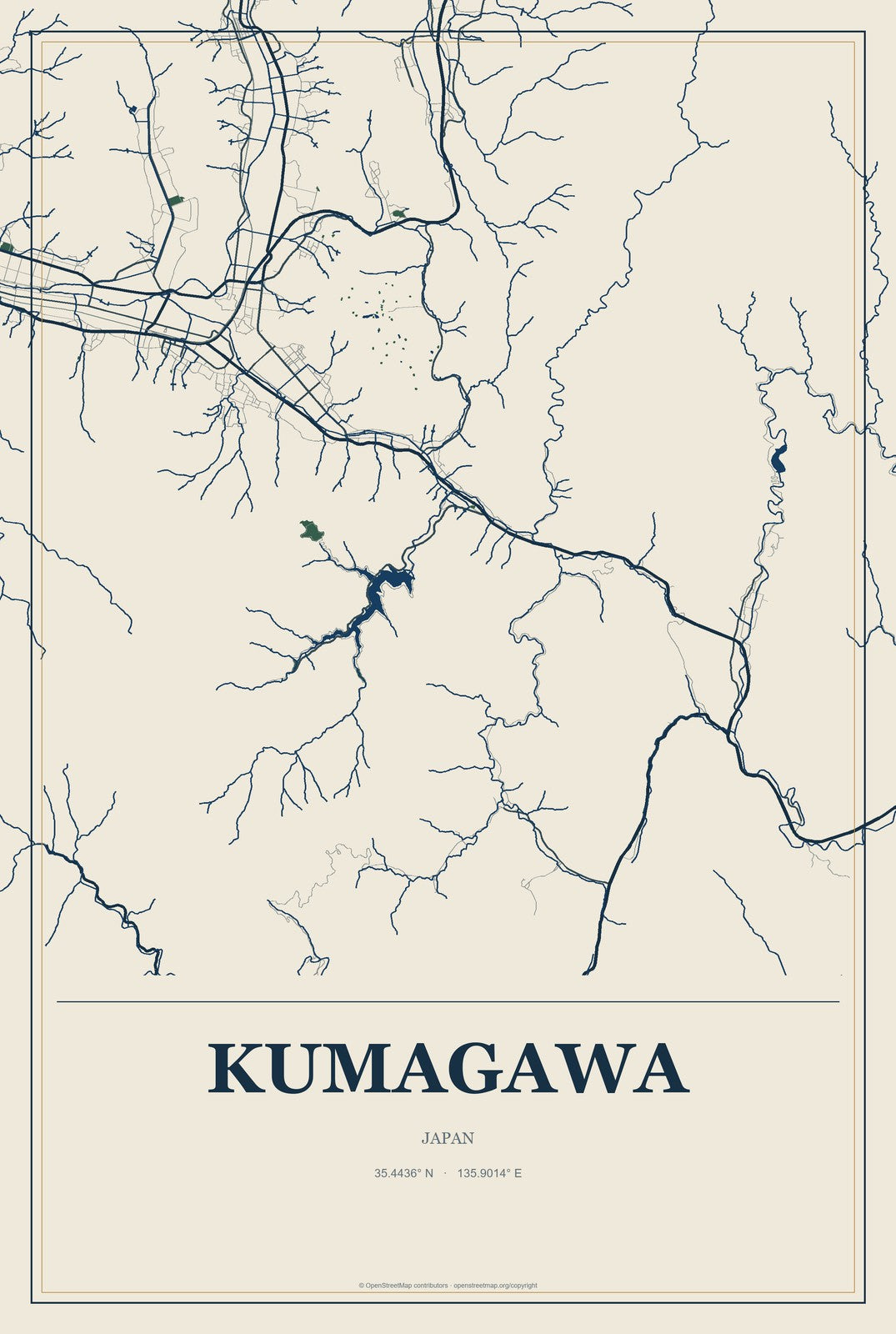 Kumagawa, Japan City Map Aluminum Sign in Coastal Cutout style