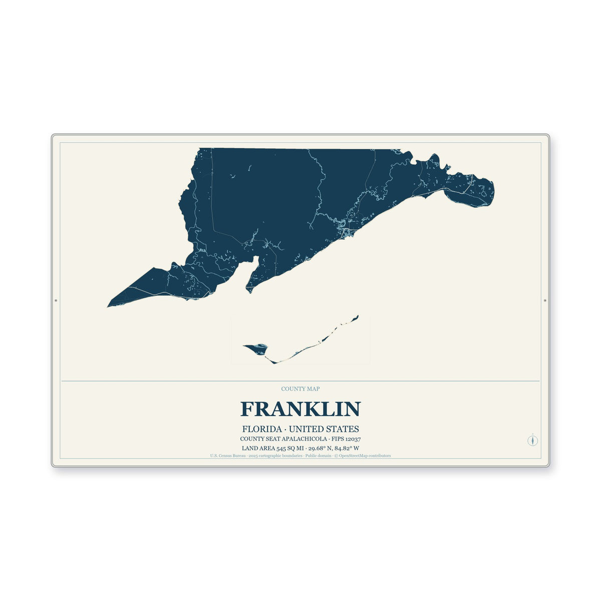 Franklin County, Florida Map Aluminum Sign in Coastal Cutout style