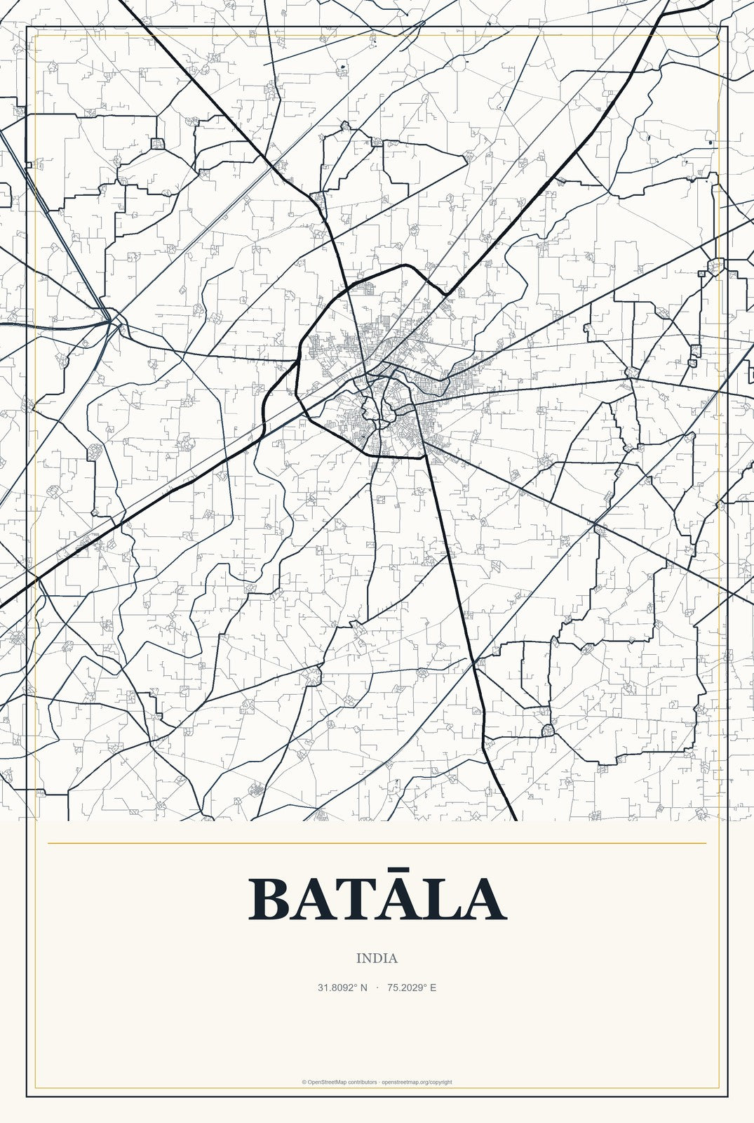 Batāla, India City Map Aluminum Sign in Citrine Modern style