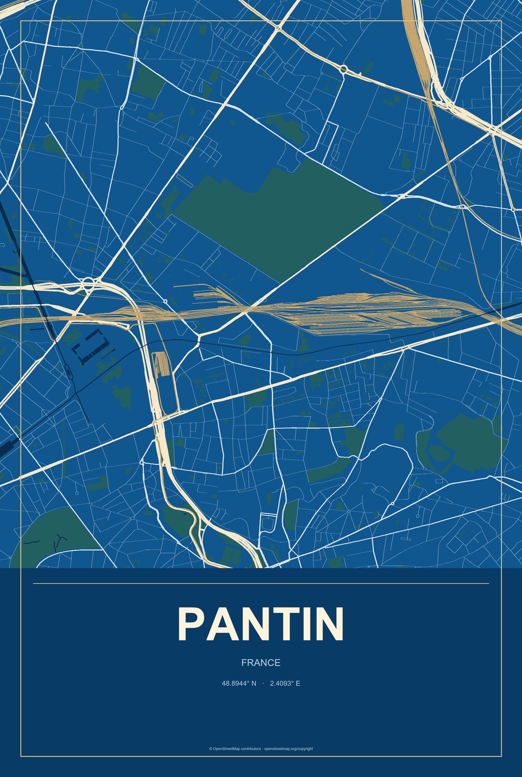 Pantin, France City Map Aluminum Sign in Harbor Cobalt style