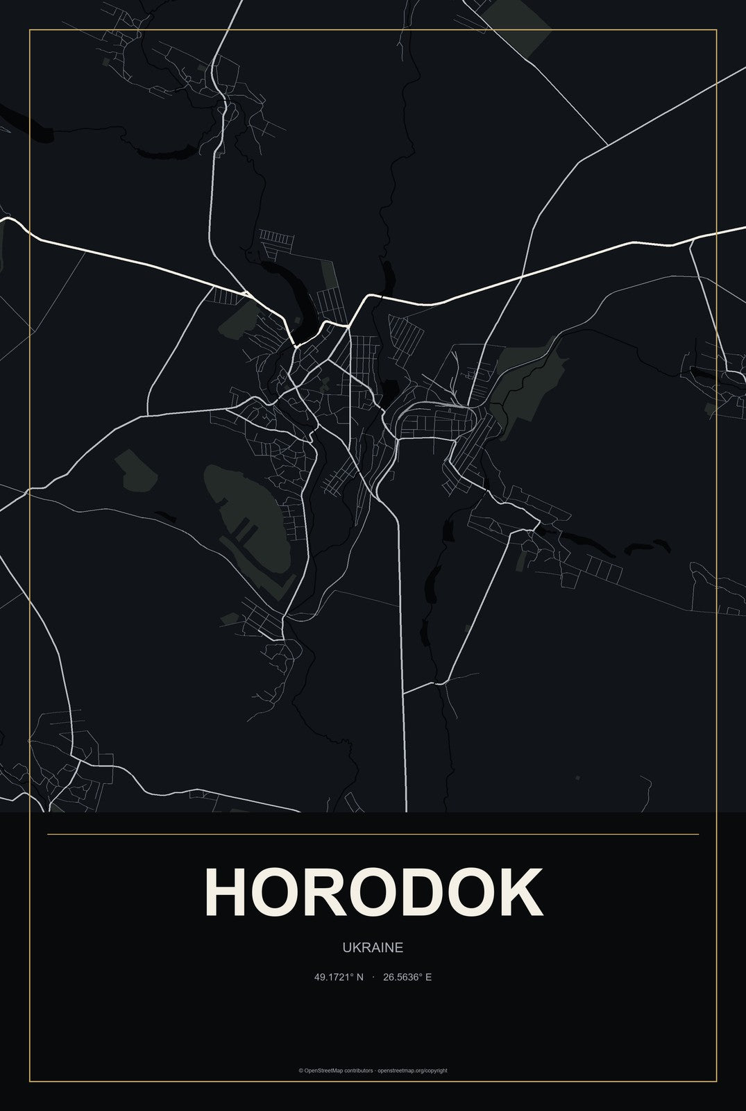 Horodok, Khmelnytskyi, Ukraine City Map Aluminum Sign in Metropolitan Noir style