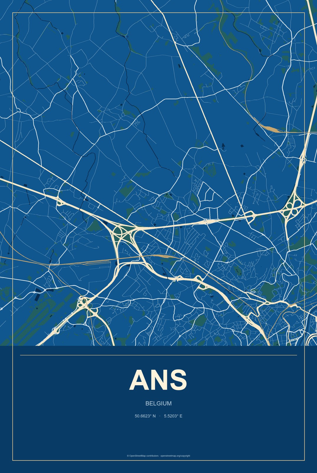 Ans, Belgium City Map Aluminum Sign in Harbor Cobalt style
