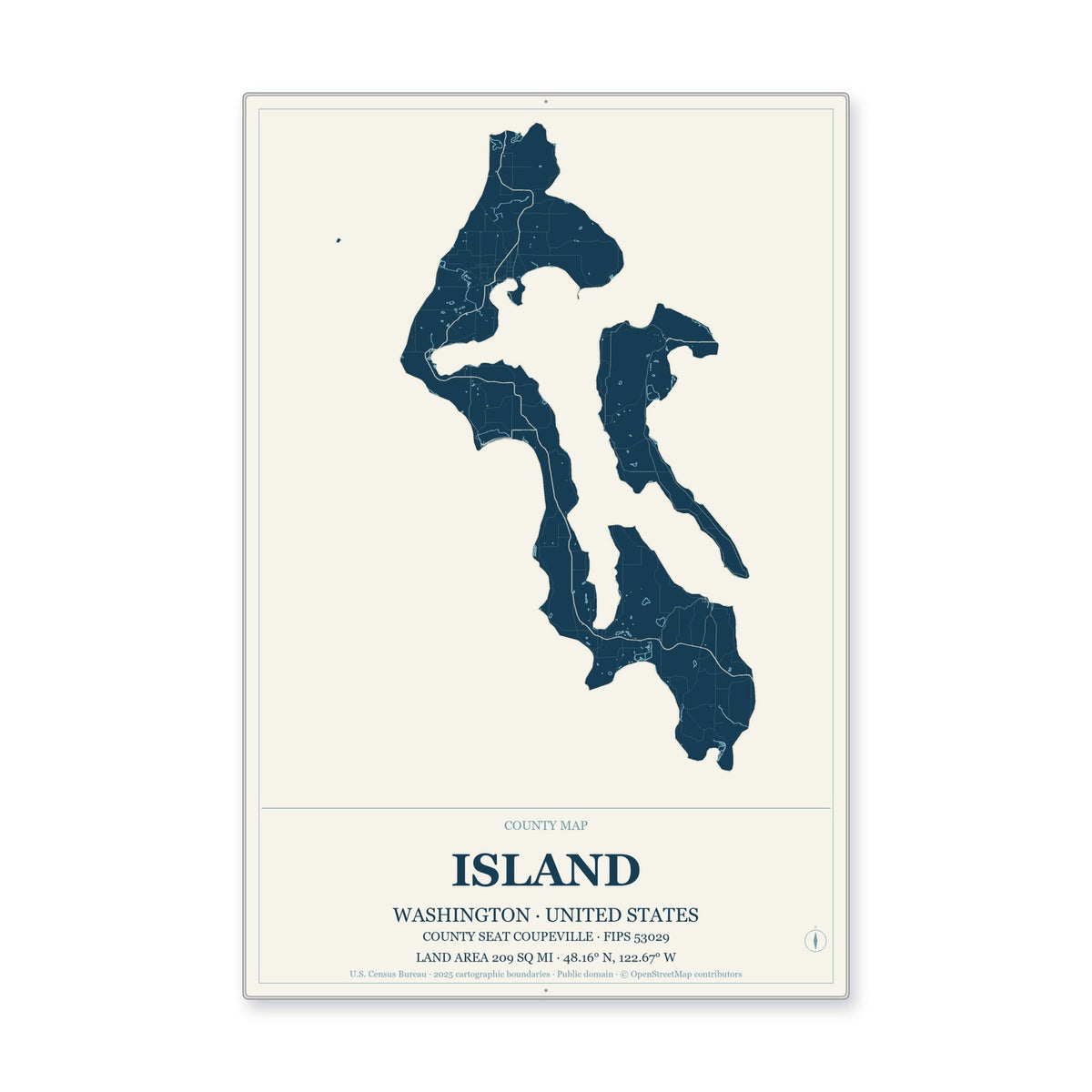 Island County, Washington Map Aluminum Sign in Coastal Cutout style