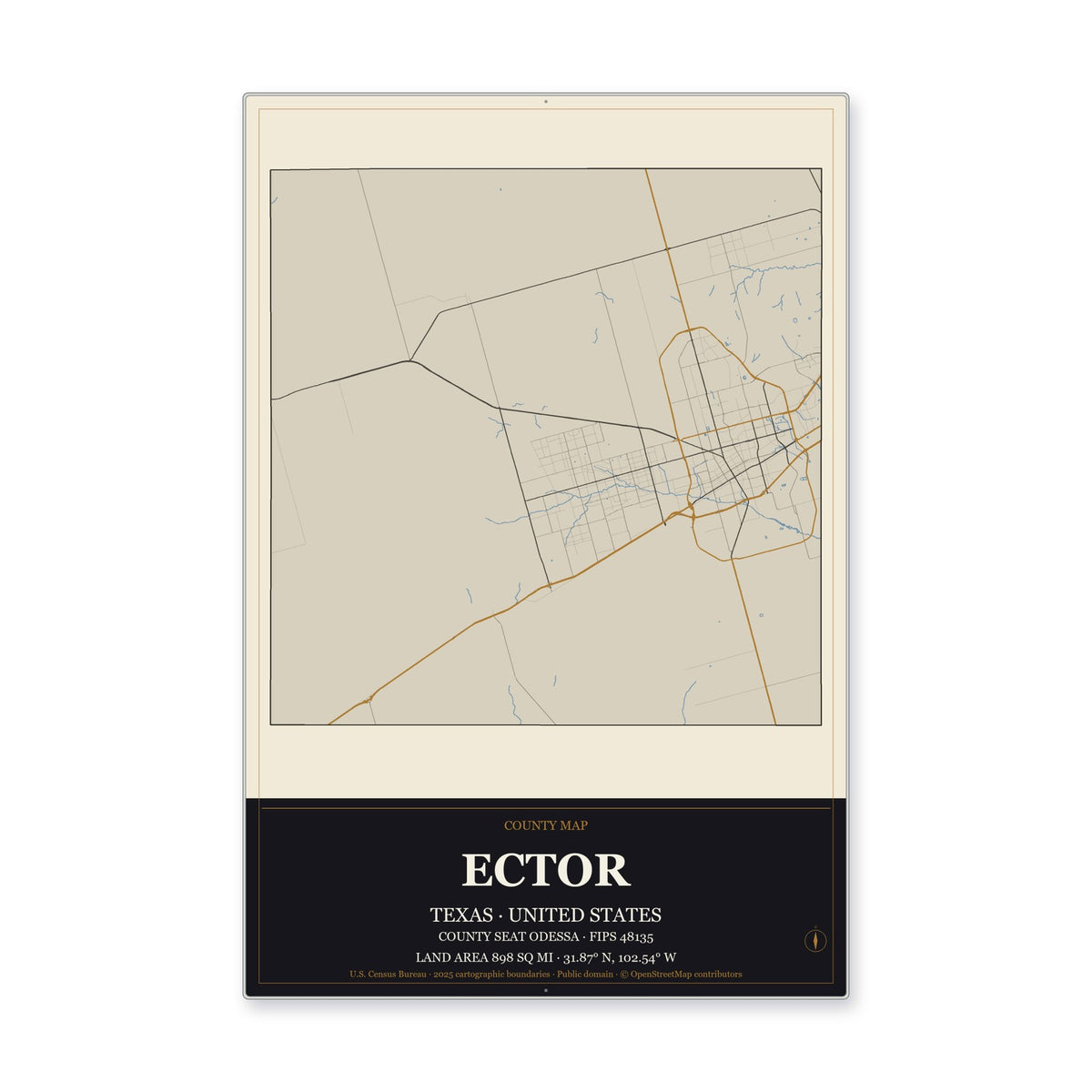 Ector County, Texas Map Aluminum Sign in Museum Plaque style
