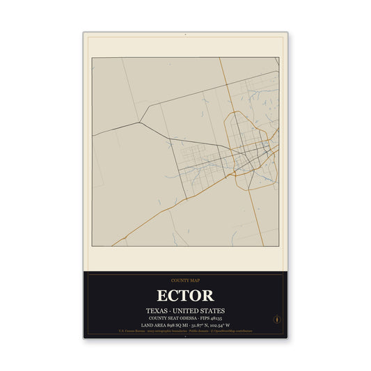 Ector County, Texas Map Aluminum Sign in Museum Plaque style