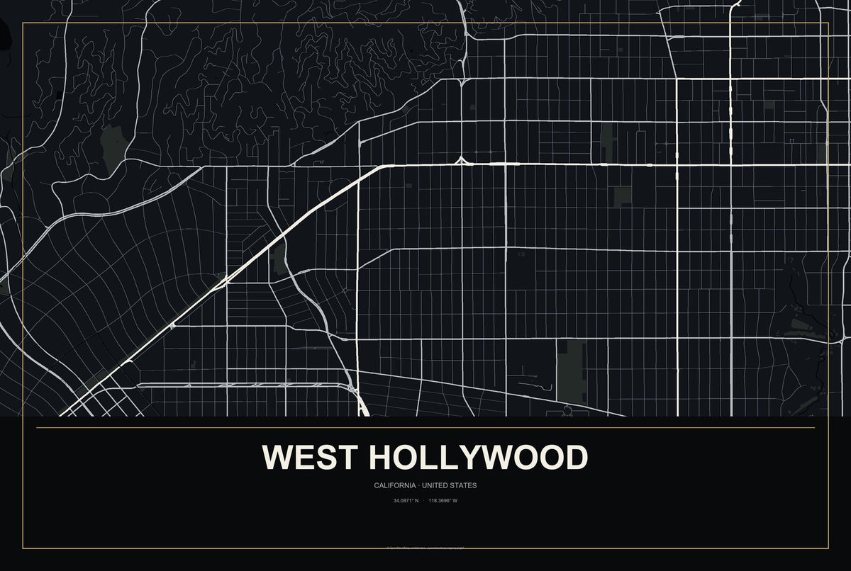 West Hollywood, California City Map Aluminum Sign in Metropolitan Noir style