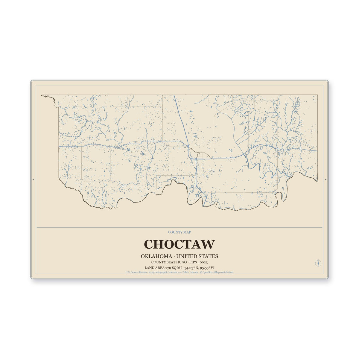 Choctaw County, Oklahoma Map Aluminum Sign in Heritage Nautical style