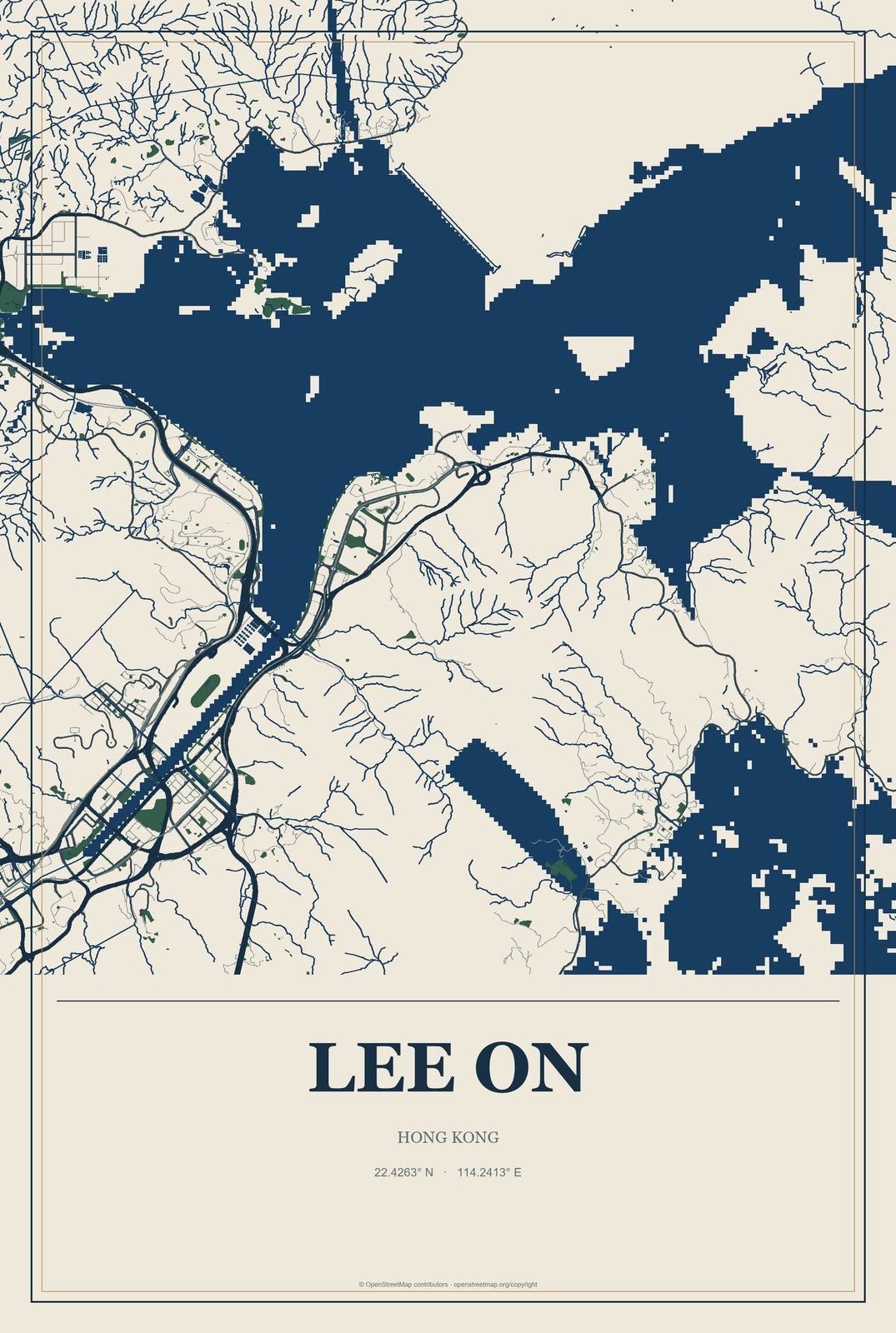 Lee On, Hong Kong City Map Aluminum Sign in Coastal Cutout style