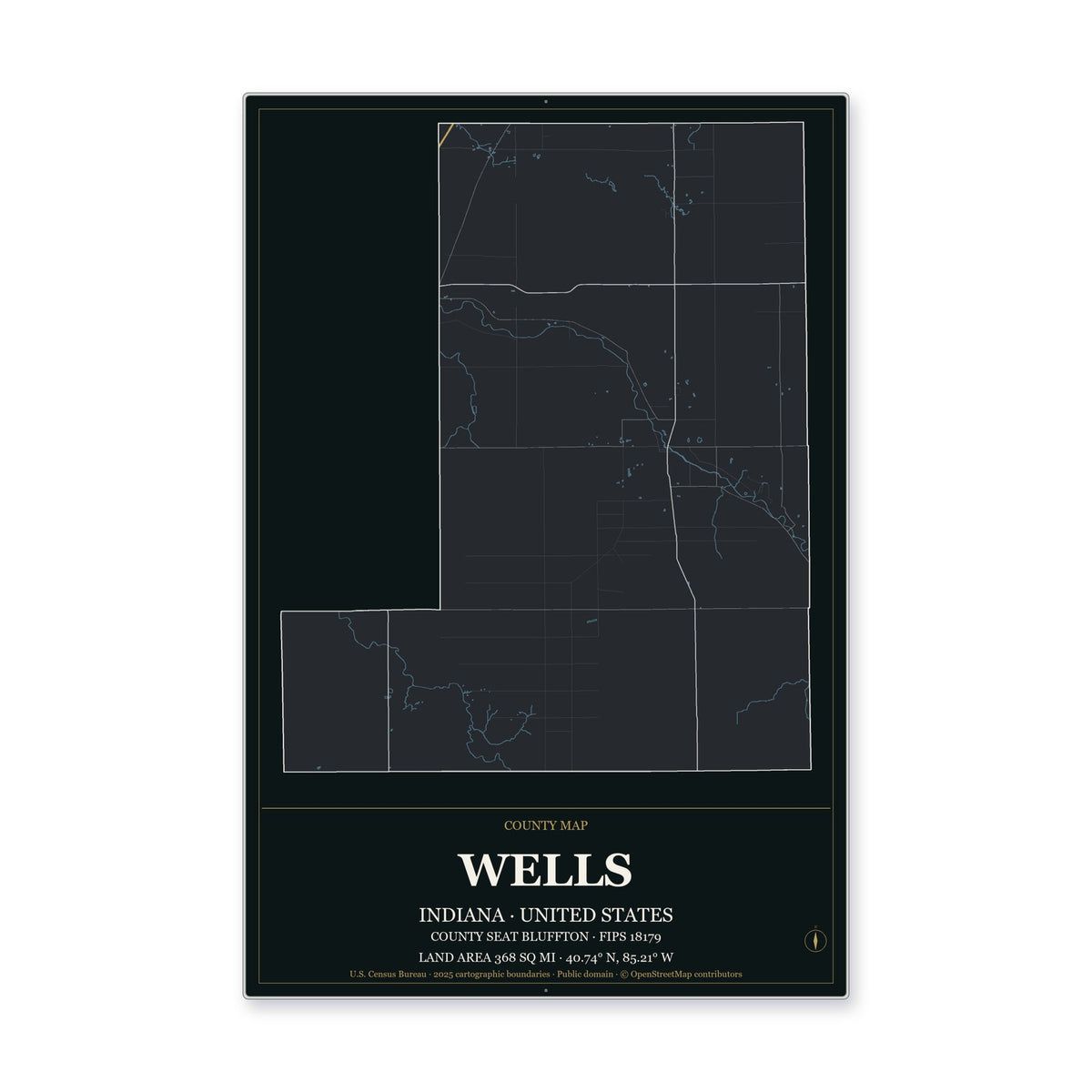 Wells County, Indiana Map Aluminum Sign in Metropolitan Noir style