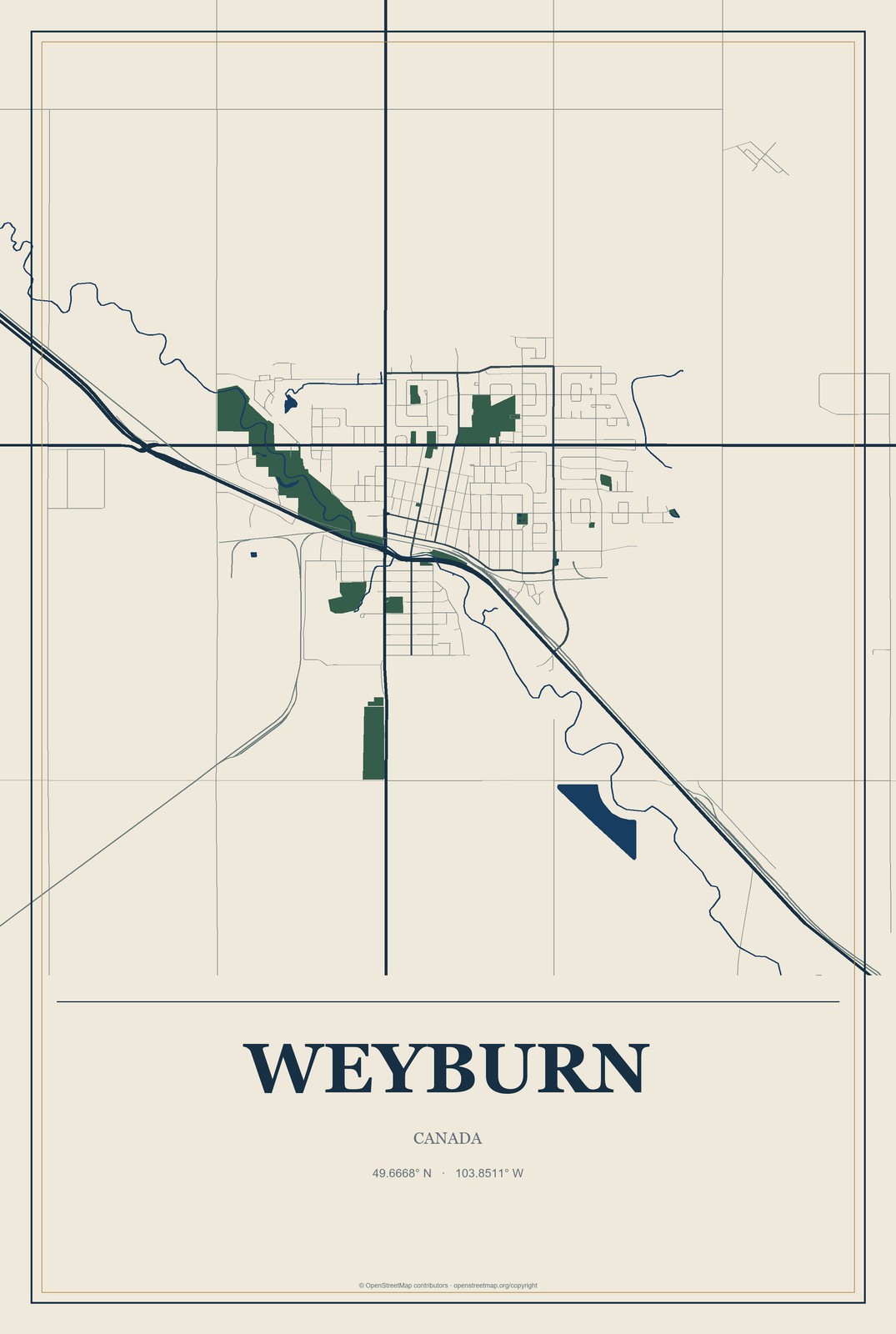 Weyburn, Canada City Map Aluminum Sign in Coastal Cutout style