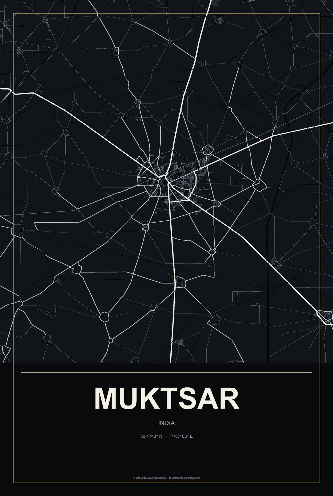 Muktsar, India City Map Aluminum Sign in Metropolitan Noir style
