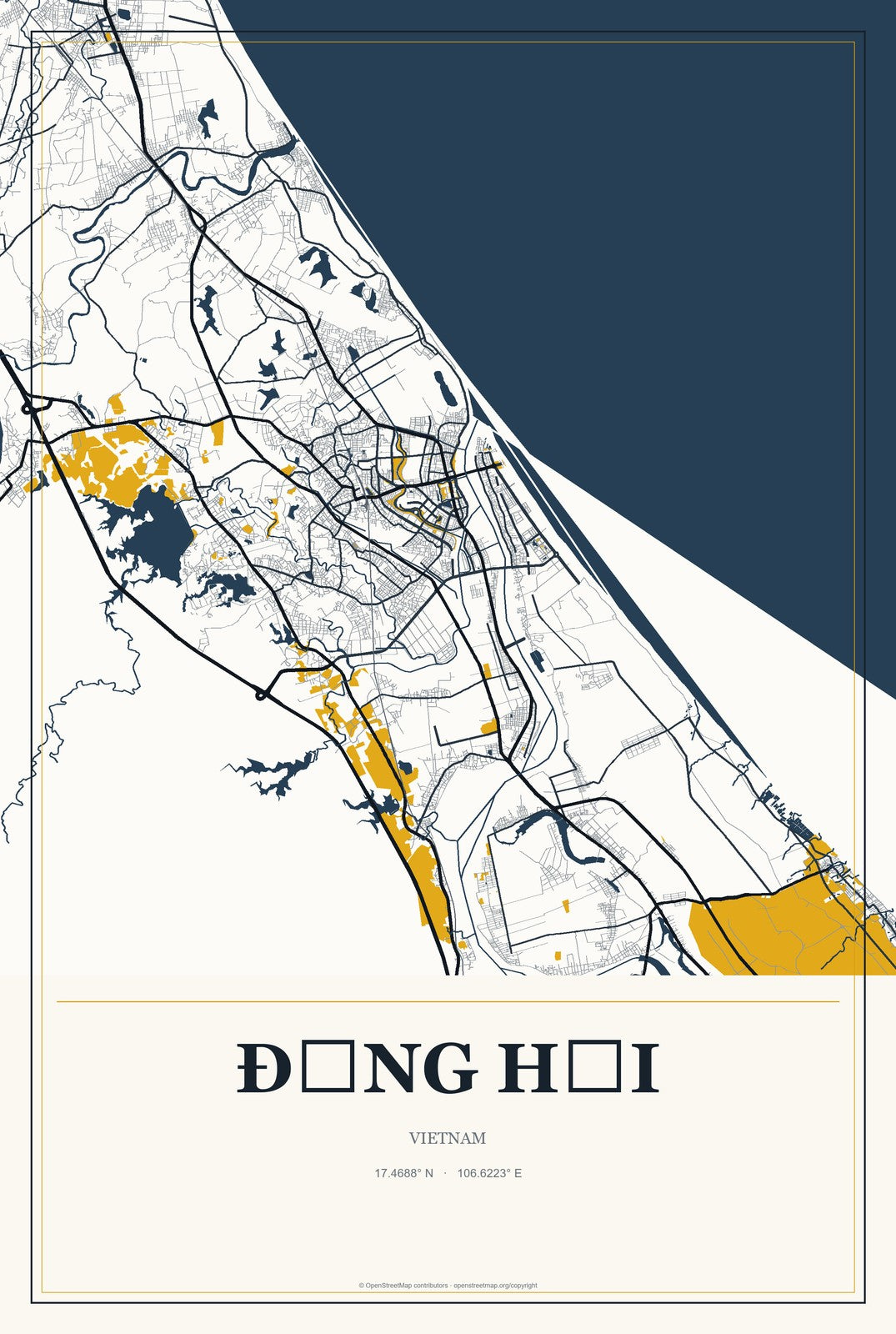 Đồng Hới, Vietnam City Map Aluminum Sign in Citrine Modern style