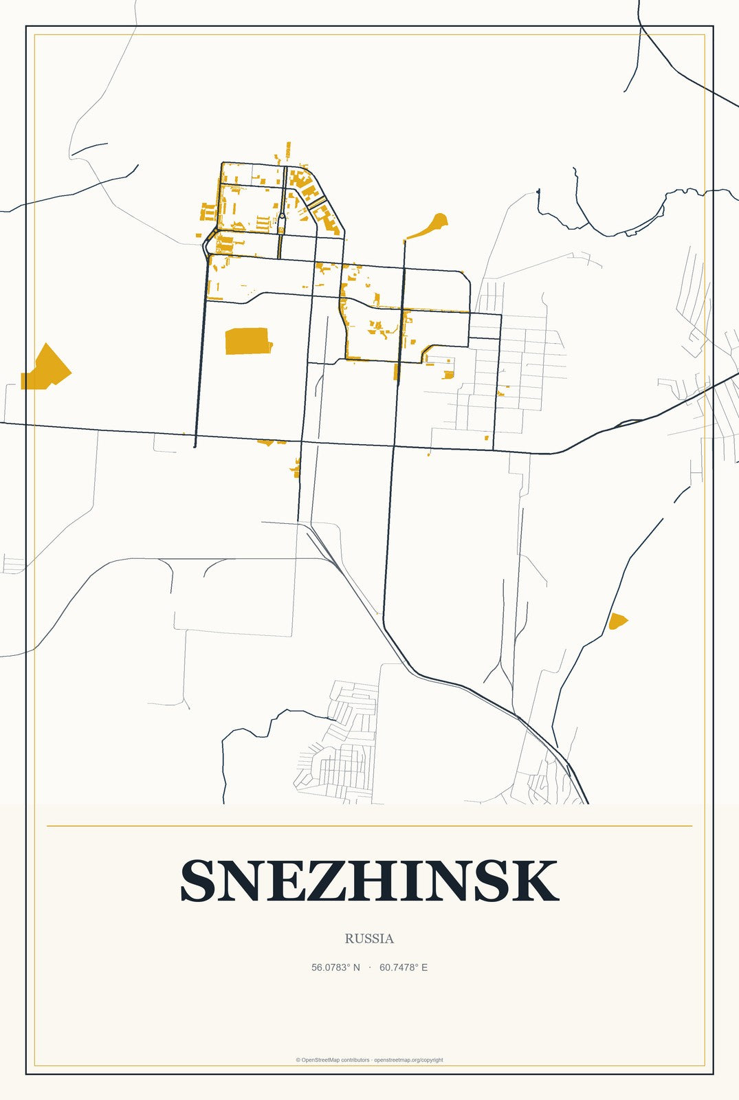 Snezhinsk, Russia City Map Aluminum Sign in Citrine Modern style