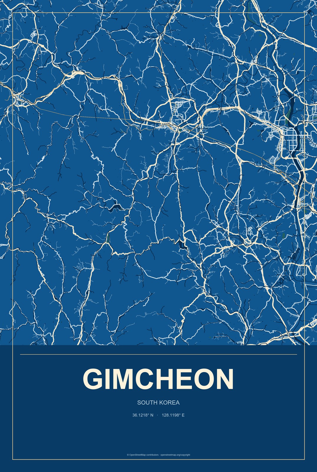 Gimcheon, South Korea City Map Aluminum Sign in Harbor Cobalt style