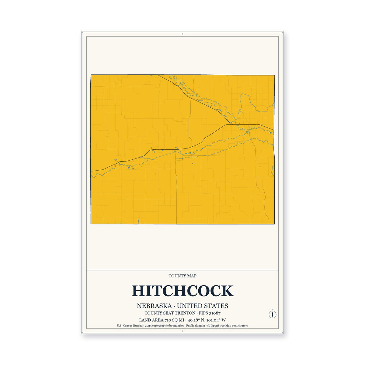 Hitchcock County, Nebraska Map Aluminum Sign in Citrine Modern style