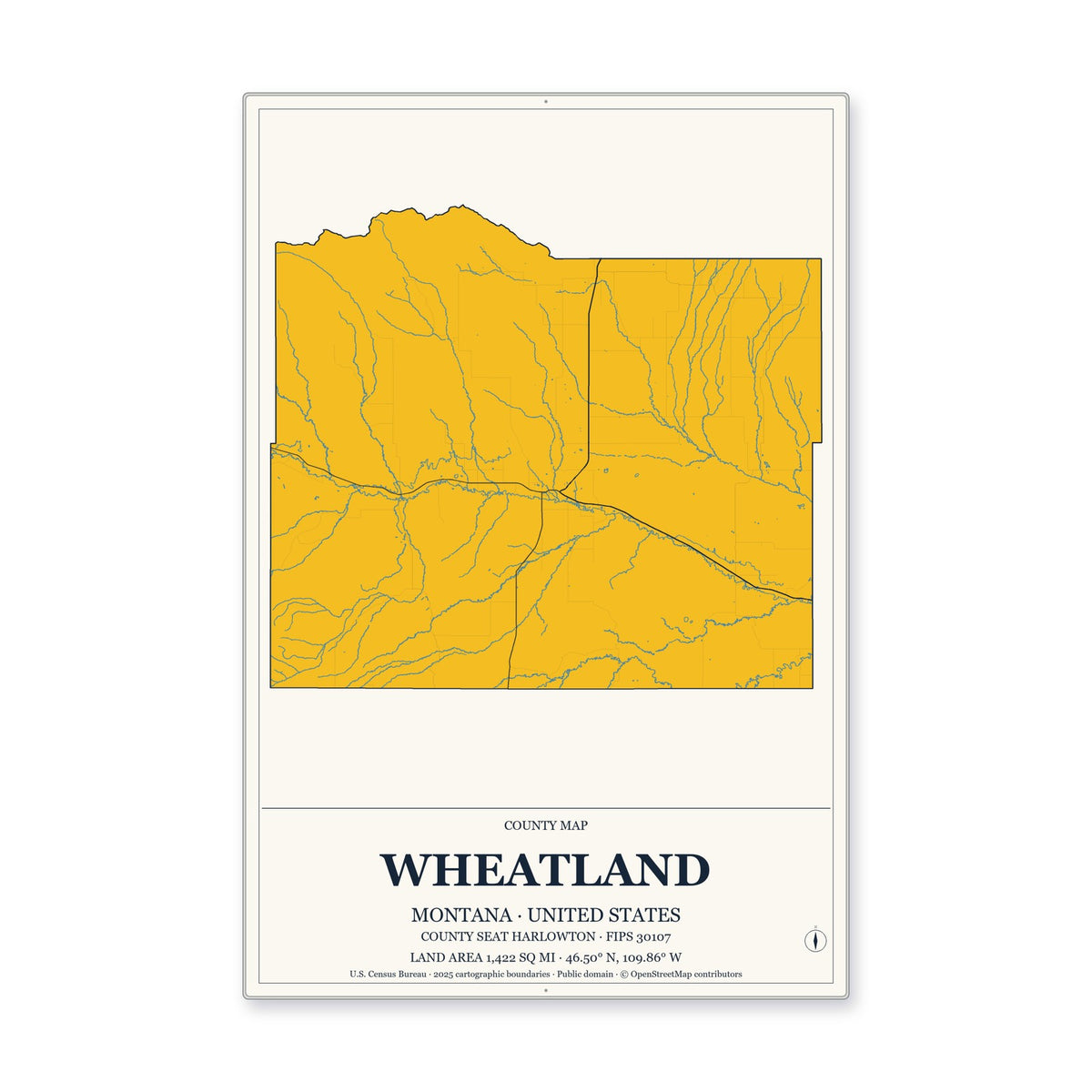 Wheatland County, Montana Map Aluminum Sign in Citrine Modern style