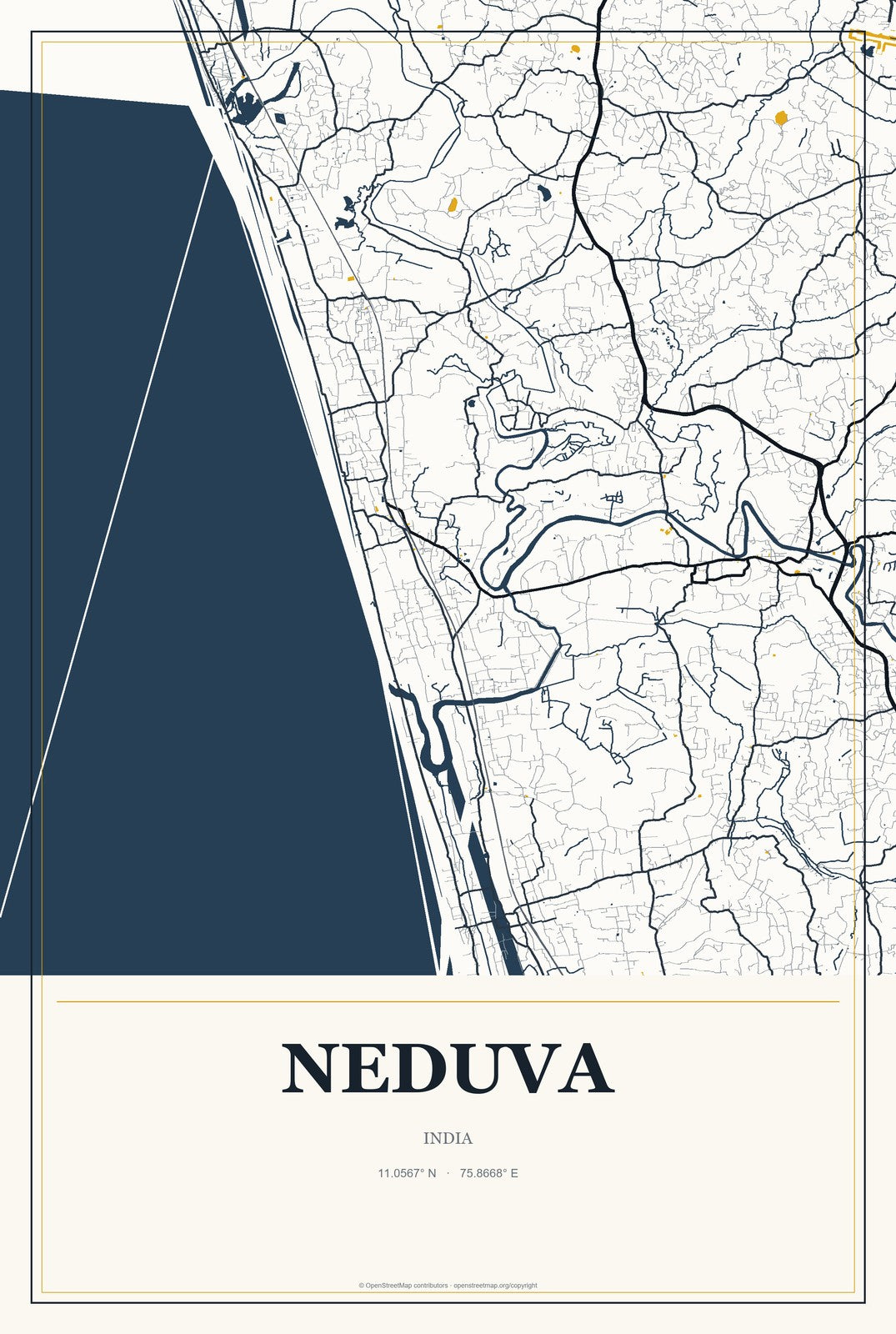 Neduva, India City Map Aluminum Sign in Citrine Modern style