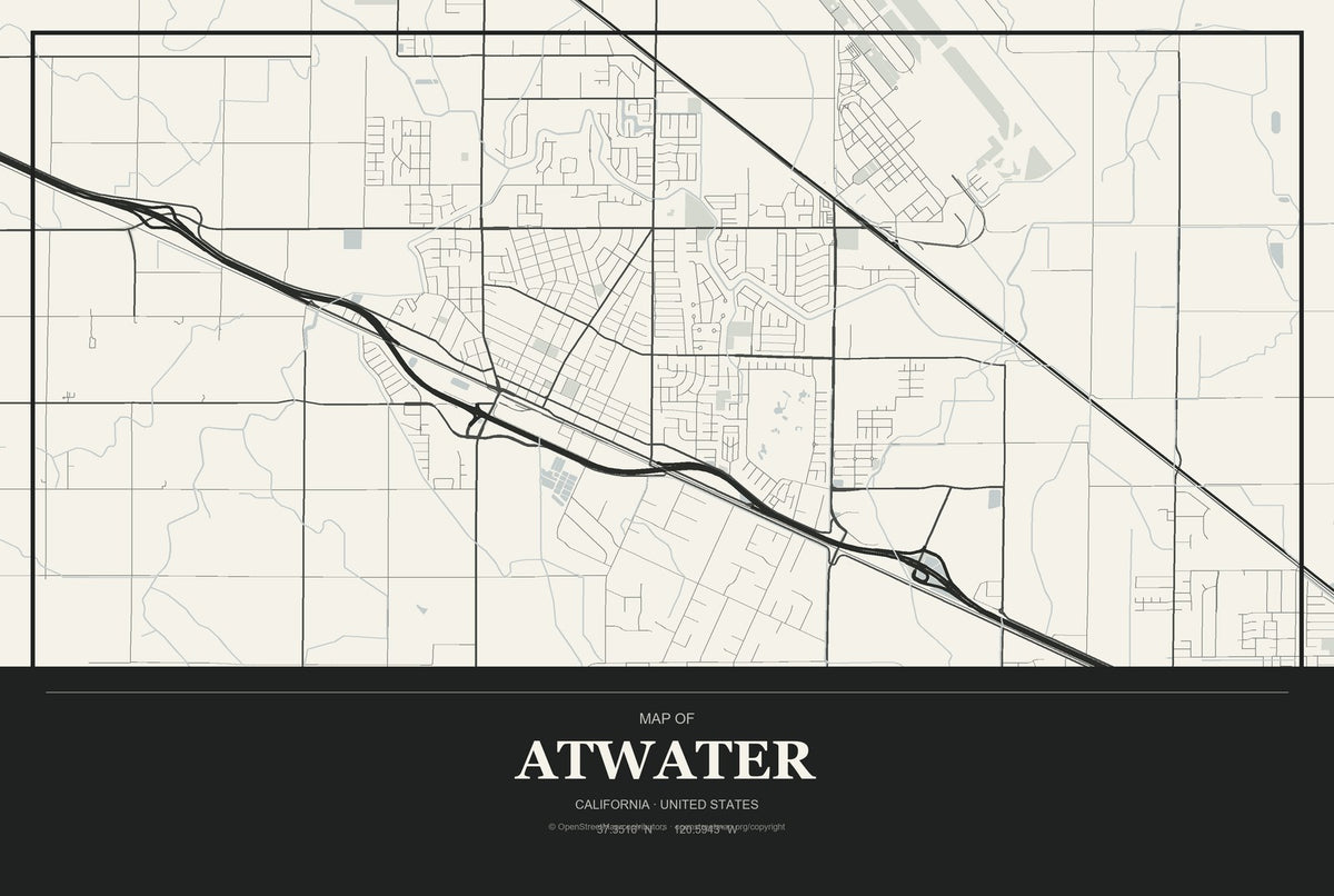 Atwater, California City Map Aluminum Sign in Museum Plaque style