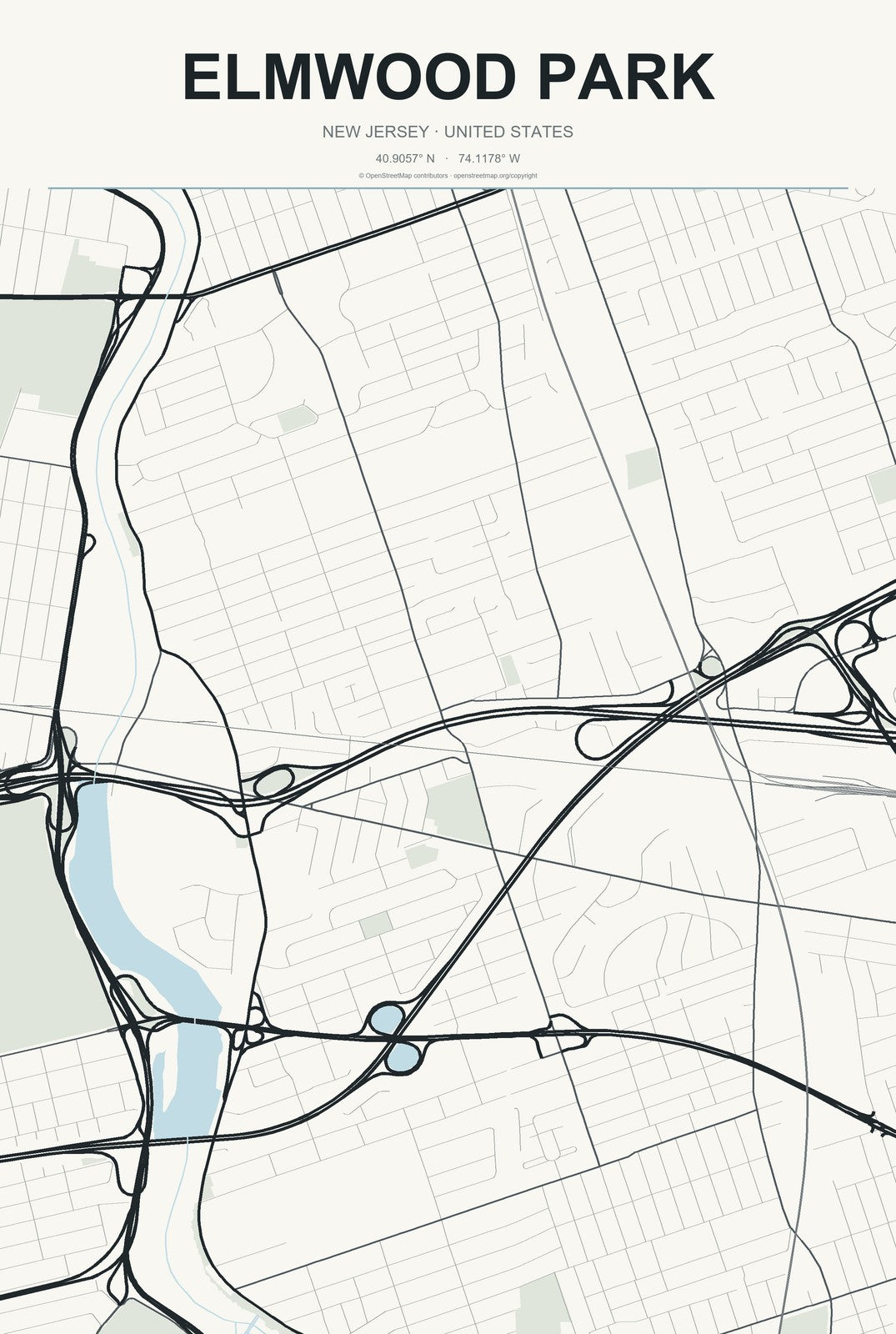 Elmwood Park, New Jersey City Map Aluminum Sign in Headline Atlas style