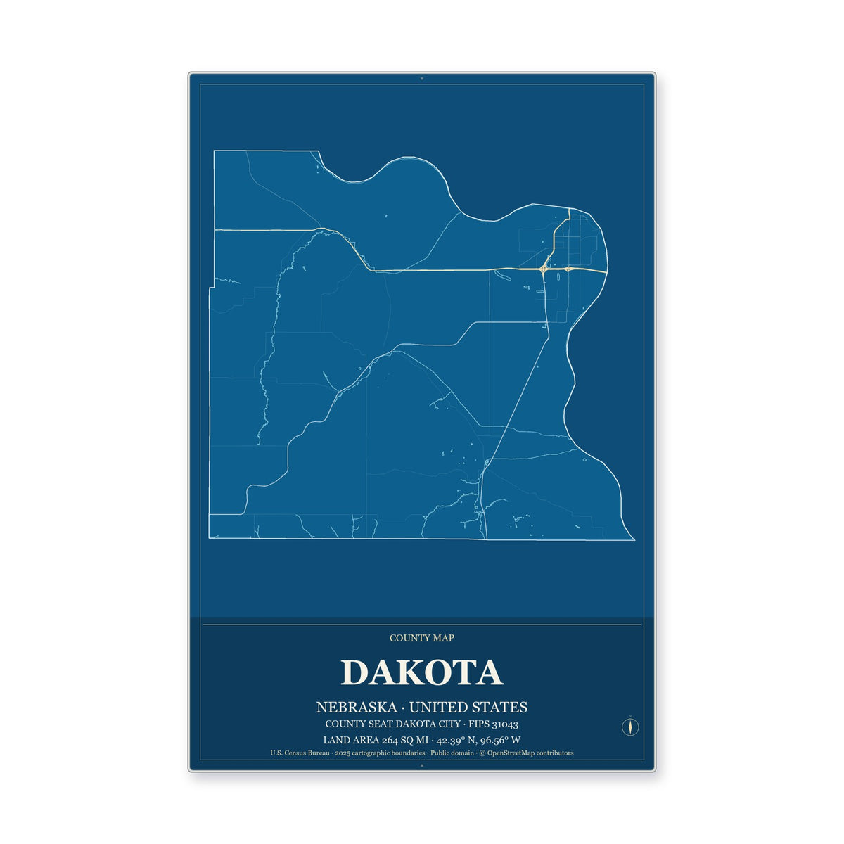 Dakota County, Nebraska Map Aluminum Sign in Harbor Cobalt style