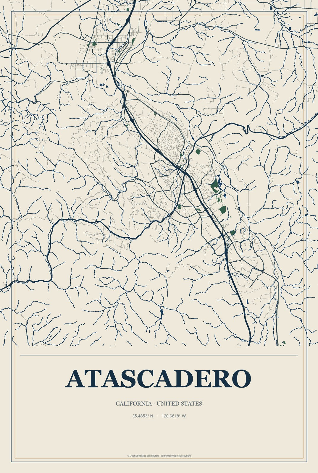 Atascadero, California City Map Aluminum Sign in Coastal Cutout style