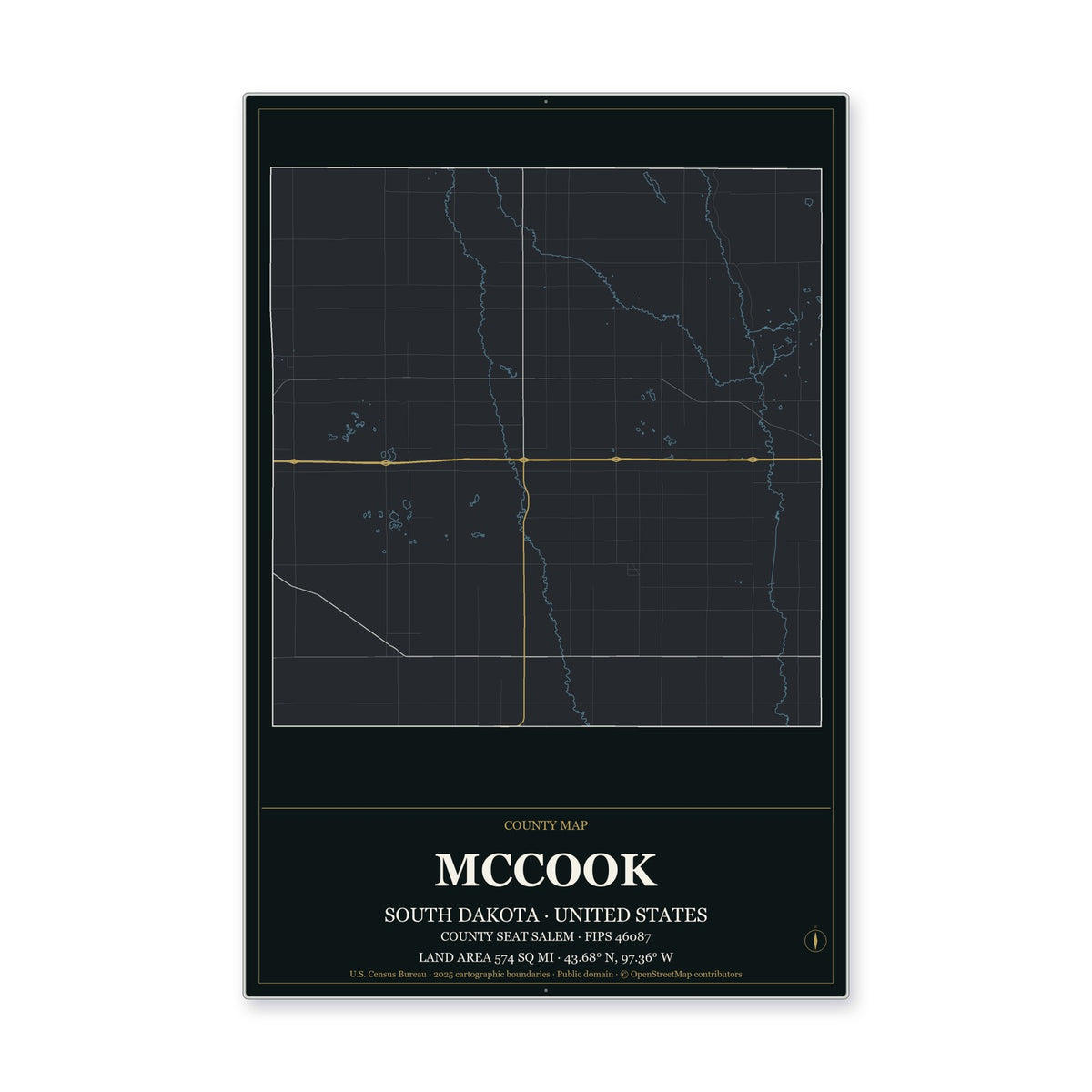 McCook County, South Dakota Map Aluminum Sign in Metropolitan Noir style