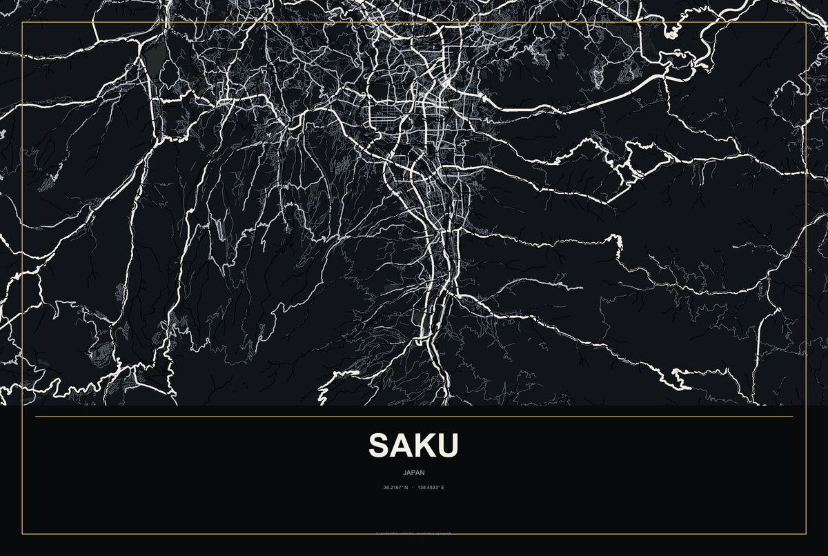 Saku, Japan City Map Aluminum Sign in Metropolitan Noir style