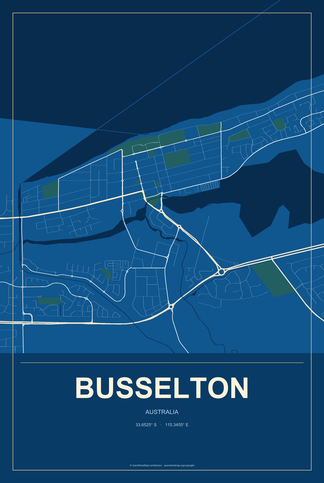 Busselton, Australia City Map Aluminum Sign in Harbor Cobalt style