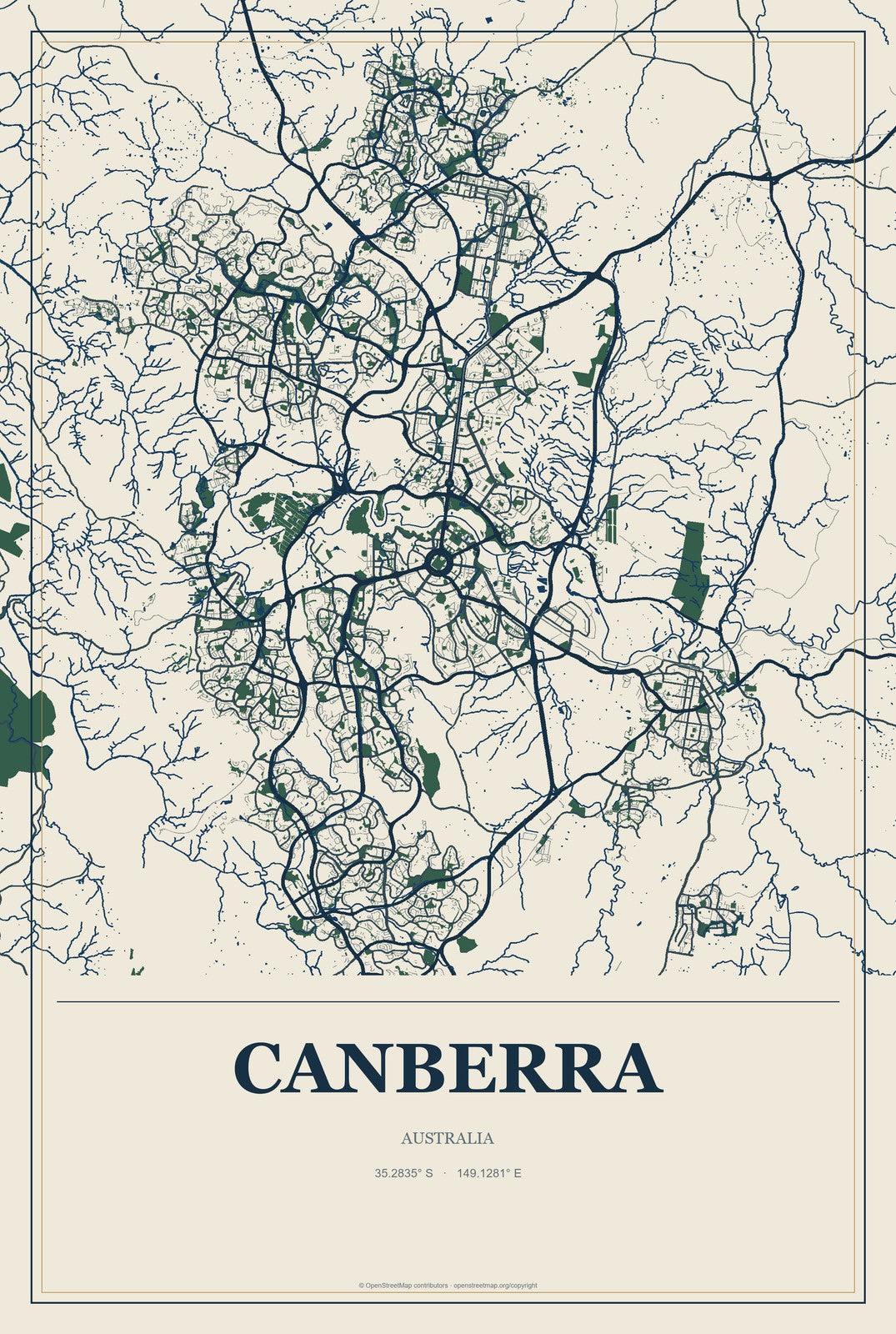 Canberra, Australia City Map Aluminum Sign in Coastal Cutout style