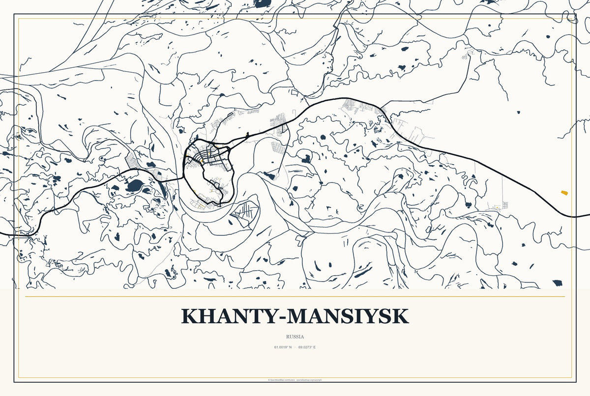 Khanty-Mansiysk, Russia City Map Aluminum Sign in Citrine Modern style