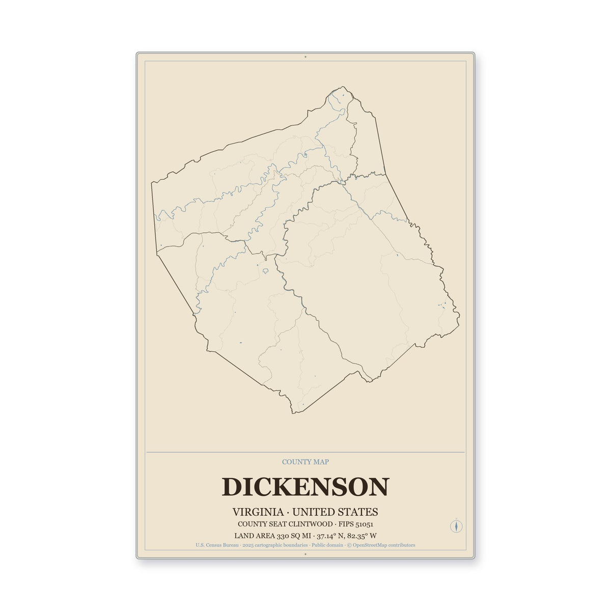 Dickenson County, Virginia Map Aluminum Sign in Heritage Nautical style