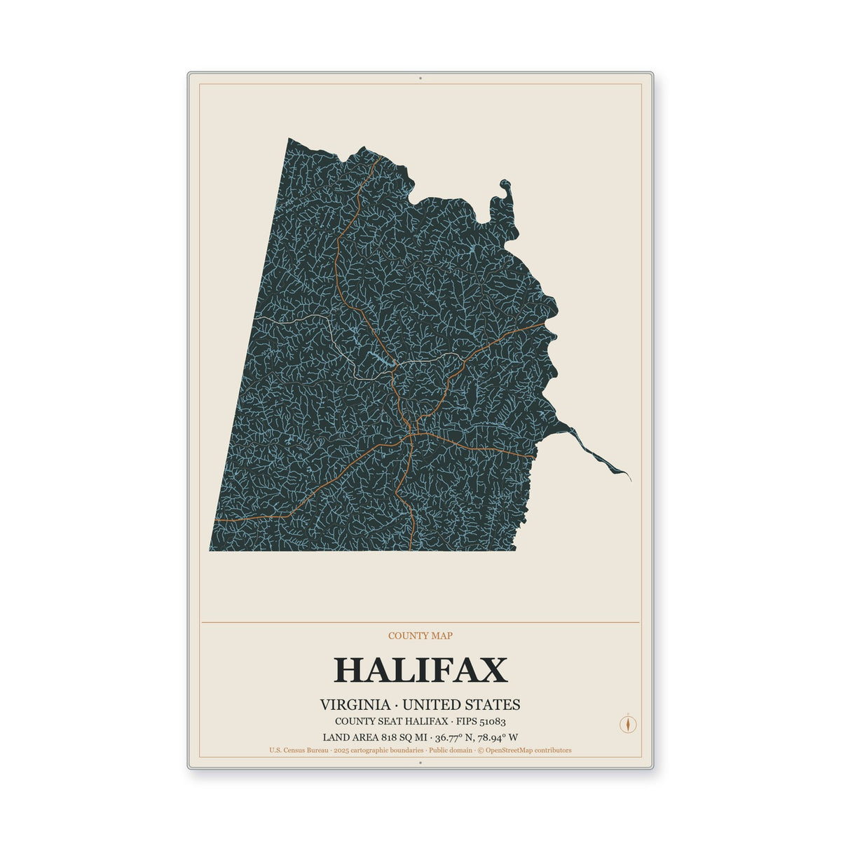 Halifax County, Virginia Map Aluminum Sign in Headline Atlas style
