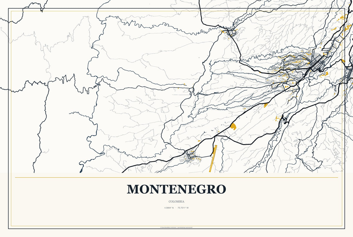 Montenegro, Colombia City Map Aluminum Sign in Citrine Modern style