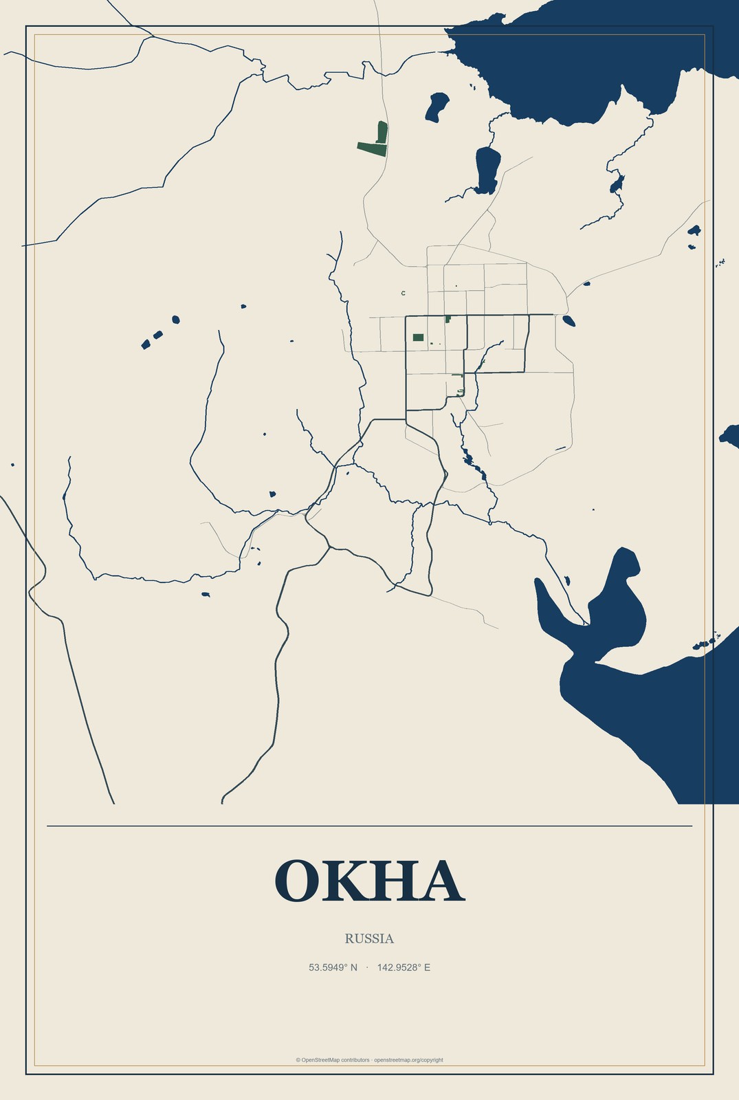 Okha, Russia City Map Aluminum Sign in Coastal Cutout style