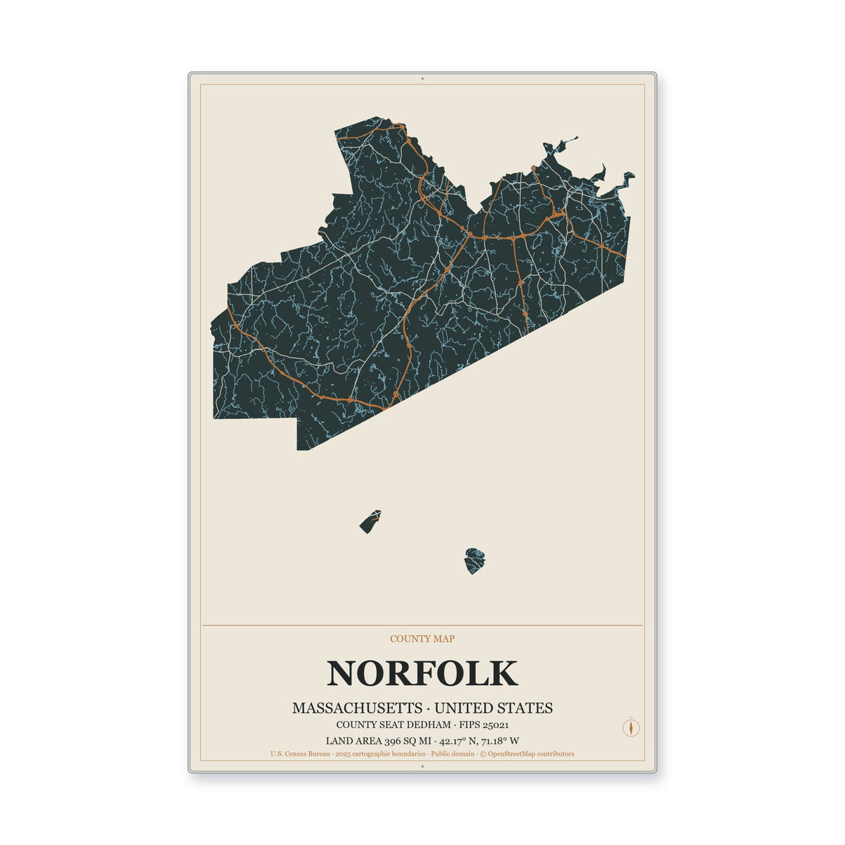 Norfolk County, Massachusetts Map Aluminum Sign in Headline Atlas style