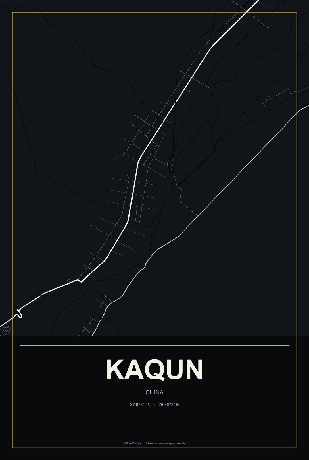 Kaqun, China City Map Aluminum Sign in Metropolitan Noir style