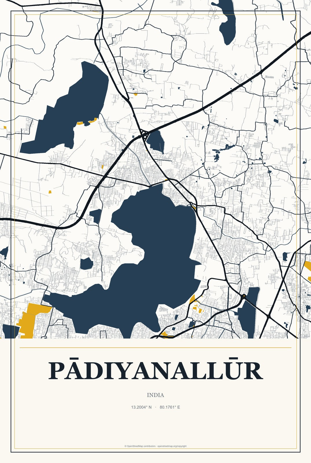 Pādiyanallūr, India City Map Aluminum Sign in Citrine Modern style