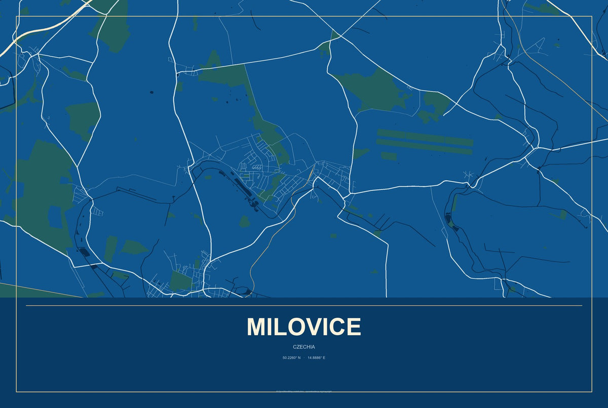Milovice, Czechia City Map Aluminum Sign in Harbor Cobalt style