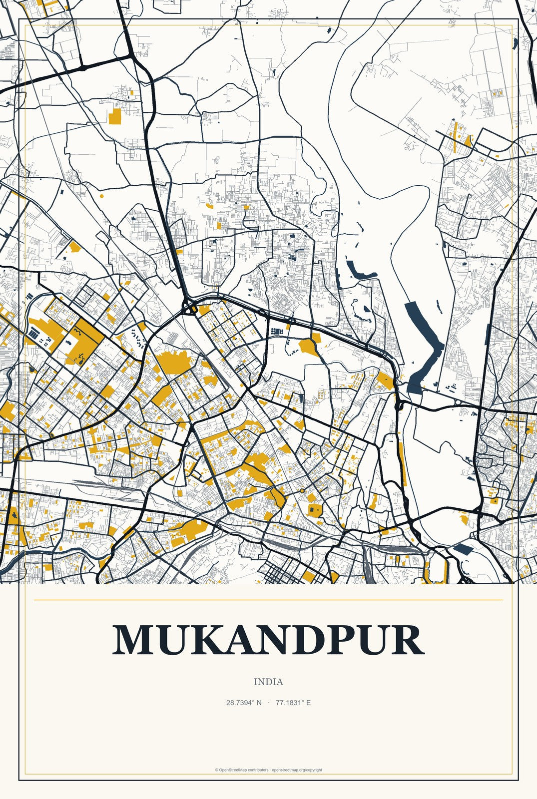 Mukandpur, India City Map Aluminum Sign in Citrine Modern style