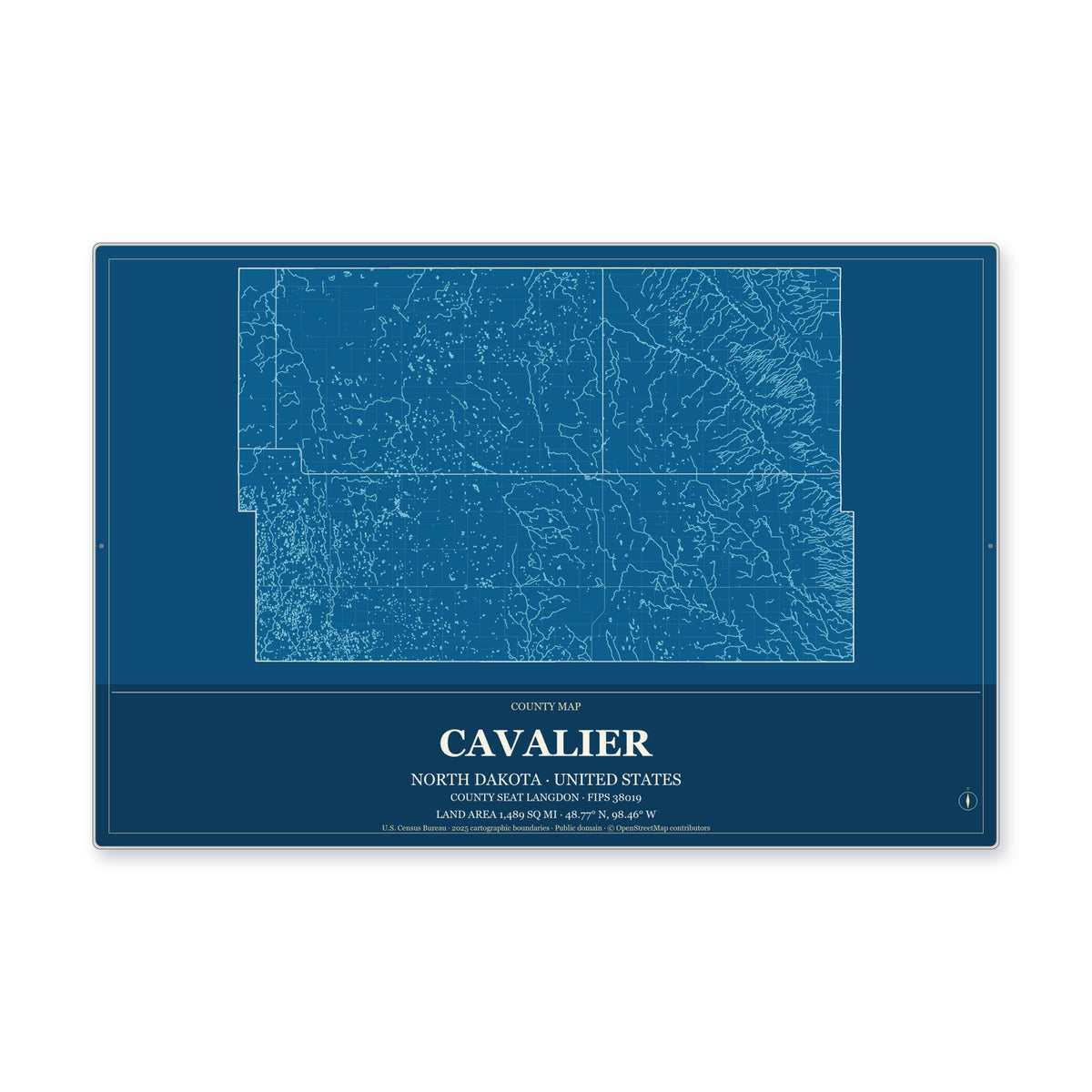 Cavalier County, North Dakota Map Aluminum Sign in Harbor Cobalt style