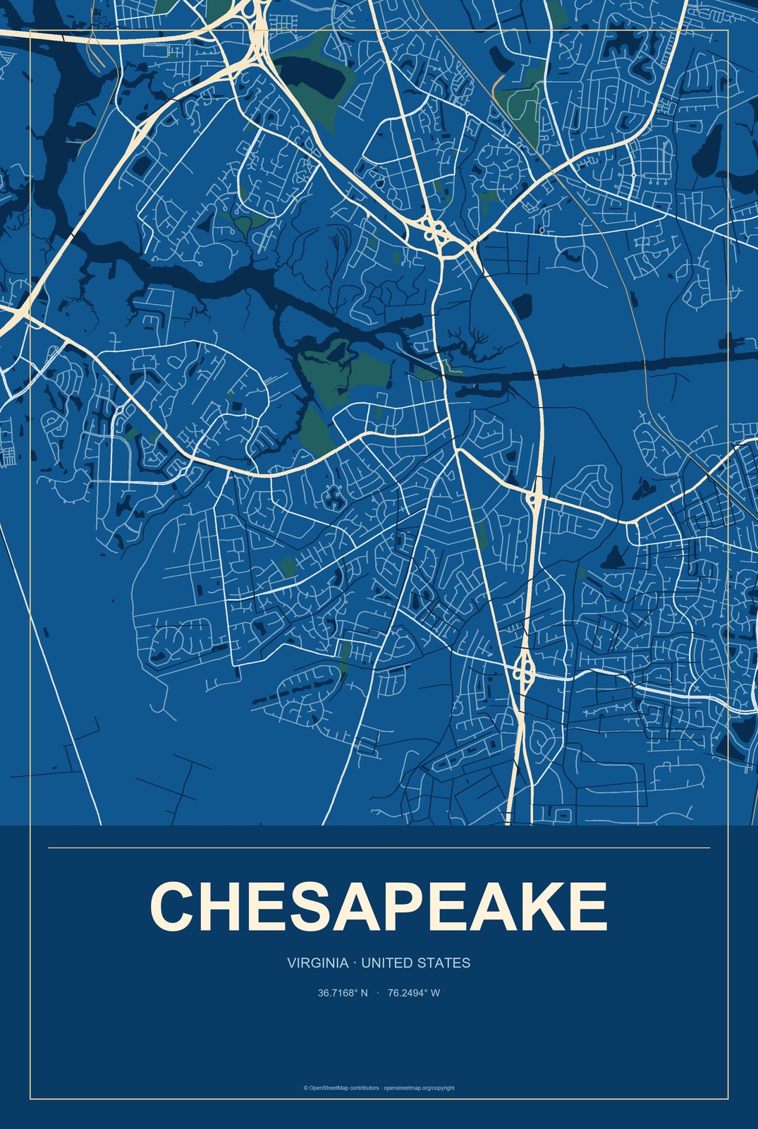 Chesapeake, Virginia City Map Aluminum Sign in Harbor Cobalt style