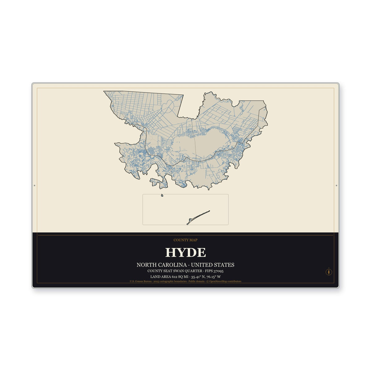 Hyde County, North Carolina Map Aluminum Sign in Museum Plaque style